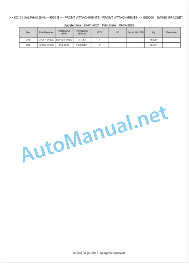 Kubota KX101-3ALPHA3 Parts Manual PDF BKIDA5054-4