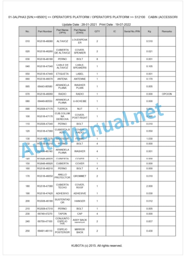 Kubota KX101-3ALPHA3 Parts Manual PDF BKIDA5054-5