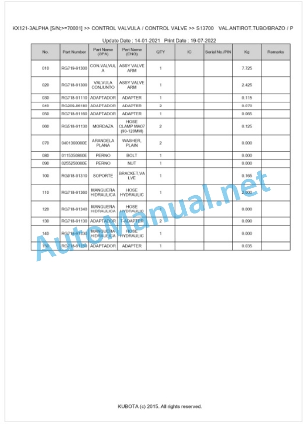 Kubota KX121-3ALPHA Parts Manual PDF BKIDA0304-3