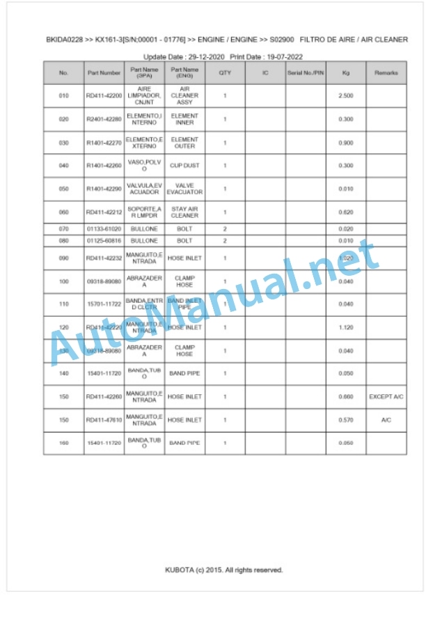 Kubota KX161 Parts Manual PDF BKIDA0228-2