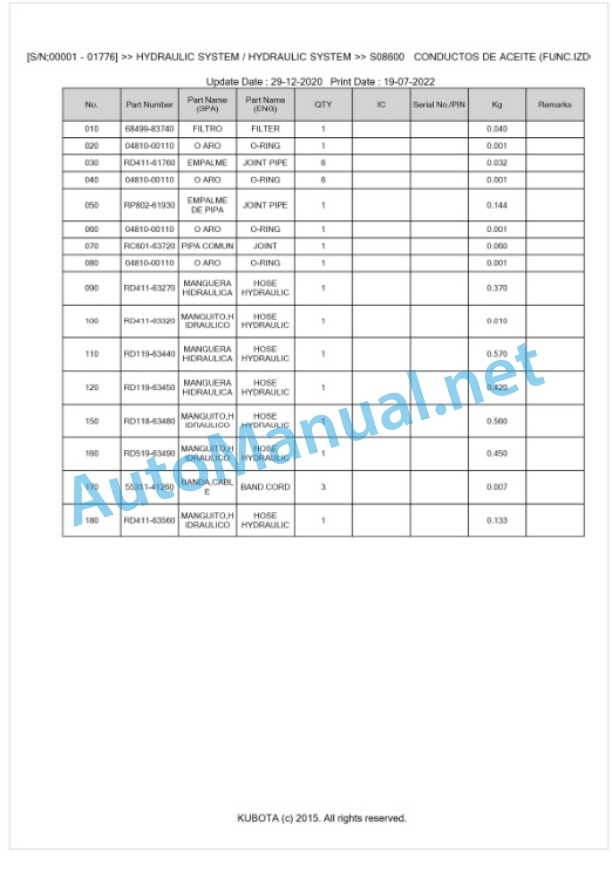 Kubota KX161 Parts Manual PDF BKIDA0228-4