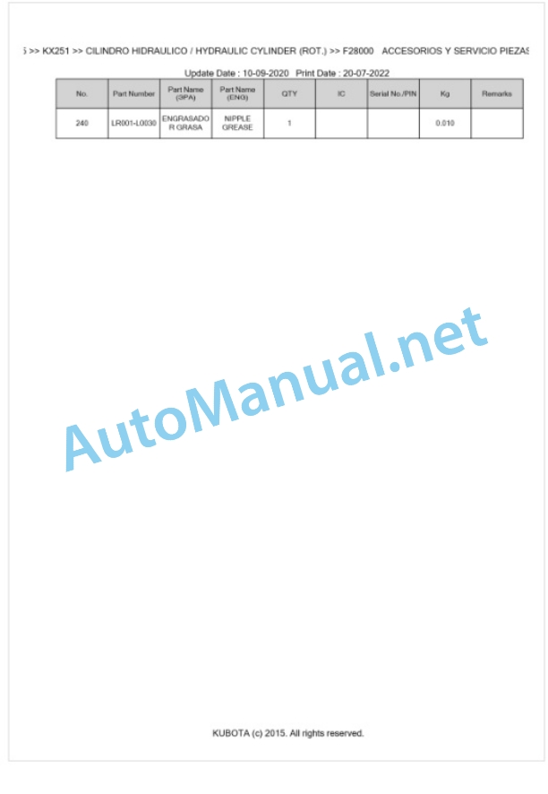 Kubota KX251 Parts Manual PDF BKIDK0585-5