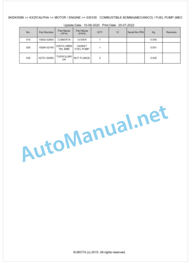 Kubota KX251ALPHA Parts Manual PDF BKIDK0586-2