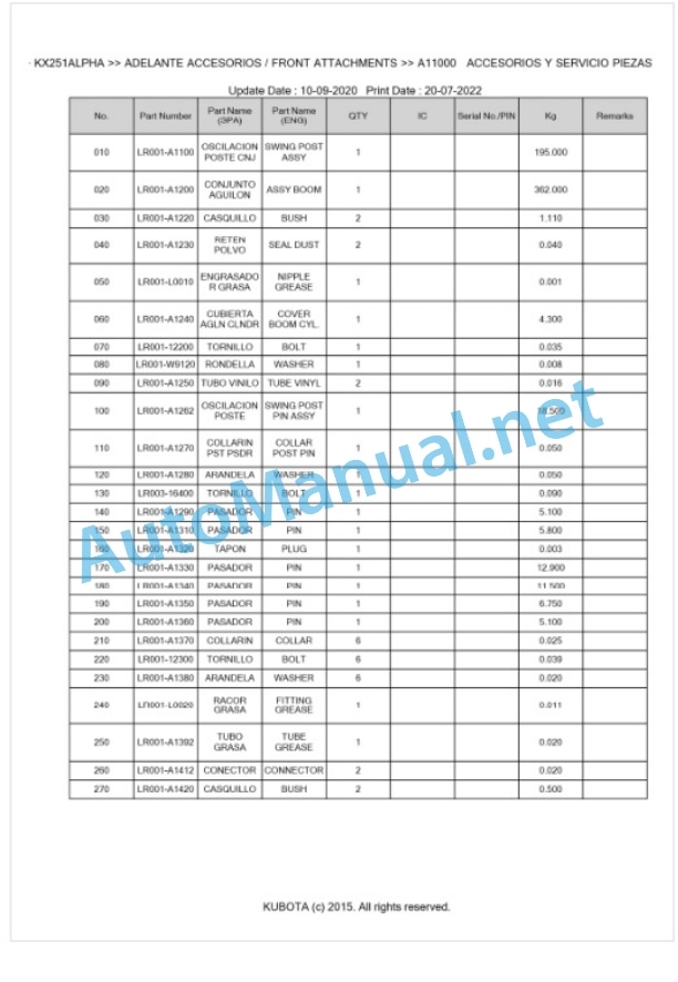 Kubota KX251ALPHA Parts Manual PDF BKIDK0586-3