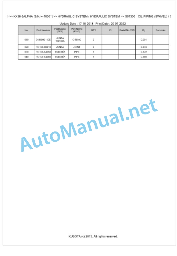 Kubota KX36-2ALPHA Parts Manual PDF BKIDA0259-4