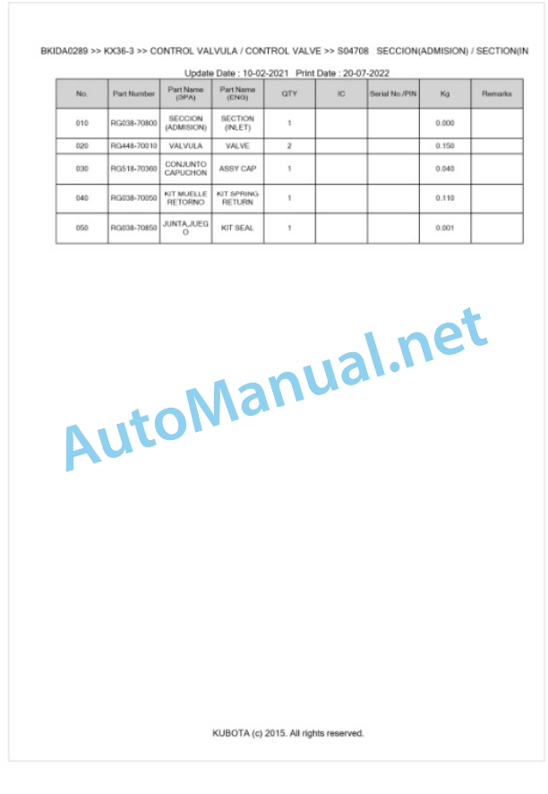 Kubota KX36-3 Parts Manual PDF BKIDA0289-3