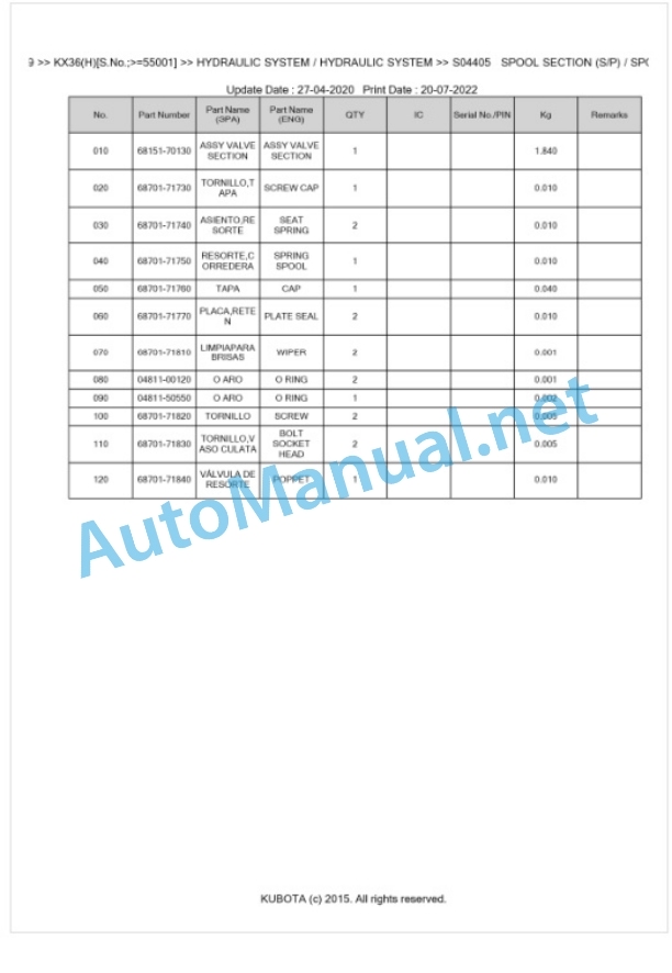 Kubota KX36(H) Parts Manual PDF BKIDA0159-3