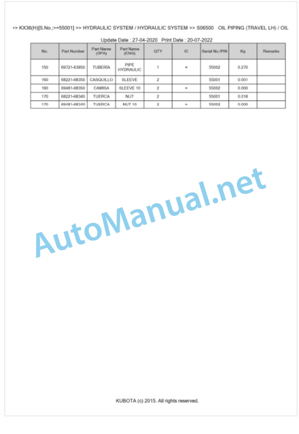 Kubota KX36(H) Parts Manual PDF BKIDA0159-4