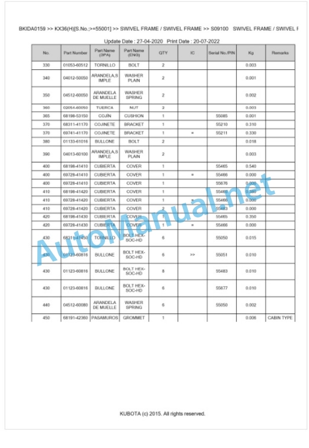 Kubota KX36(H) Parts Manual PDF BKIDA0159-5