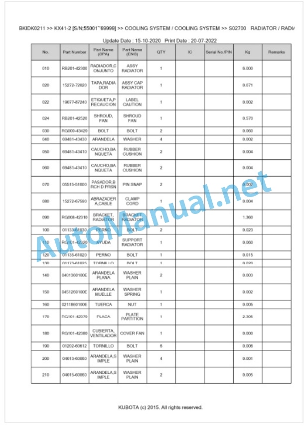 Kubota KX41-2 Parts Manual PDF BKIDK0211-2