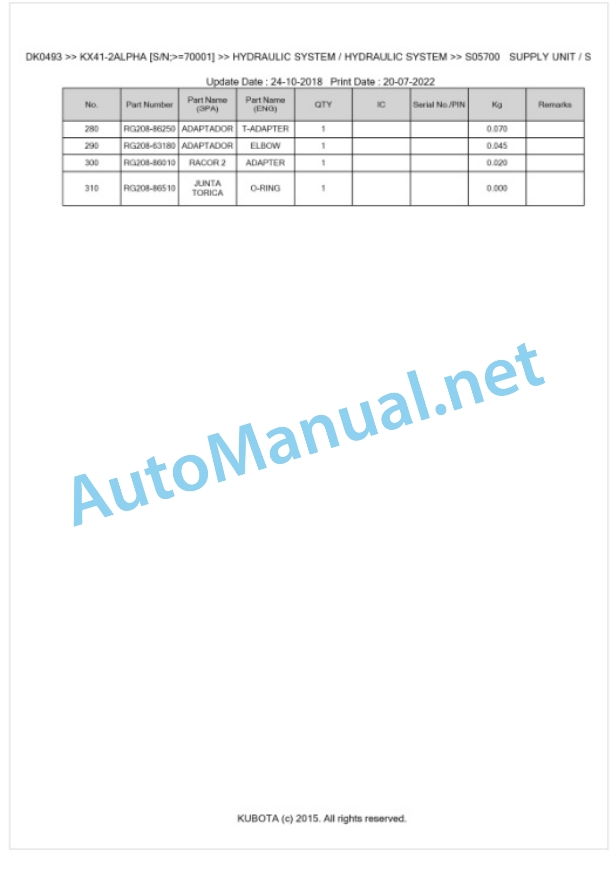 Kubota KX41-2ALPHA Parts Manual PDF BKIDK0493-3