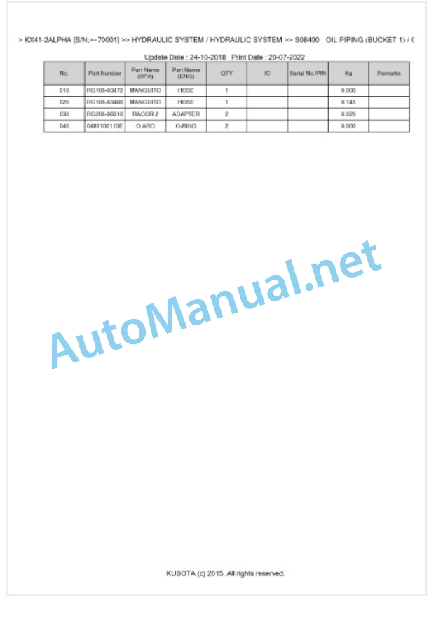 Kubota KX41-2ALPHA Parts Manual PDF BKIDK0493-4