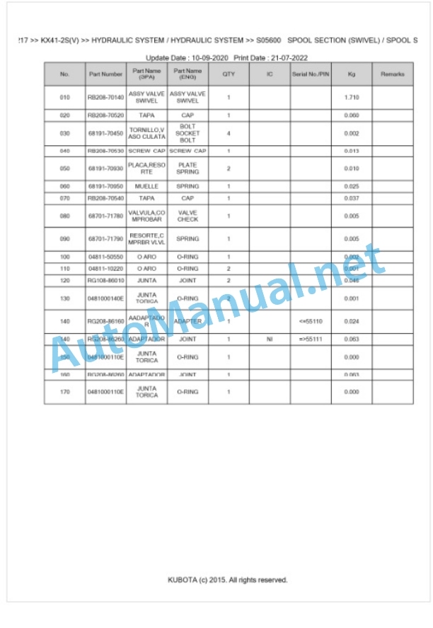 Kubota KX41-2S(V) Parts Manual PDF BKIDK0217-3