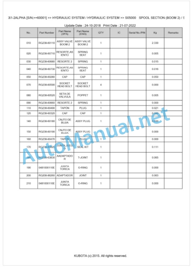 Kubota KX61-2ALPHA Parts Manual PDF BKIDK0460-3