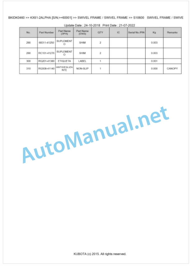 Kubota KX61-2ALPHA Parts Manual PDF BKIDK0460-5