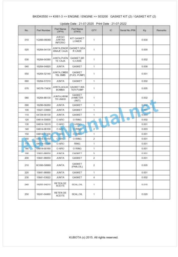 Kubota KX61-3 Parts Manual PDF BKIDK0550-2