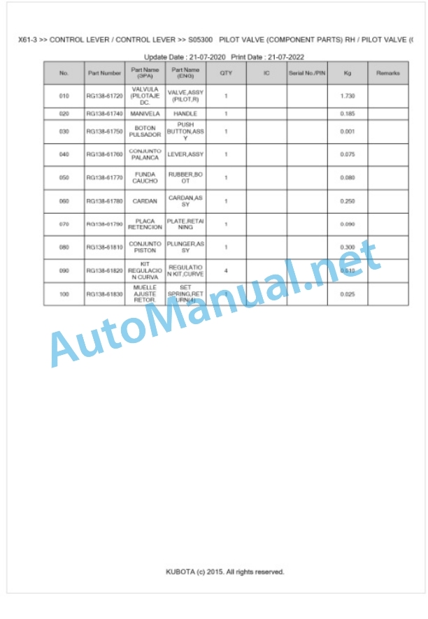 Kubota KX61-3 Parts Manual PDF BKIDK0550-3