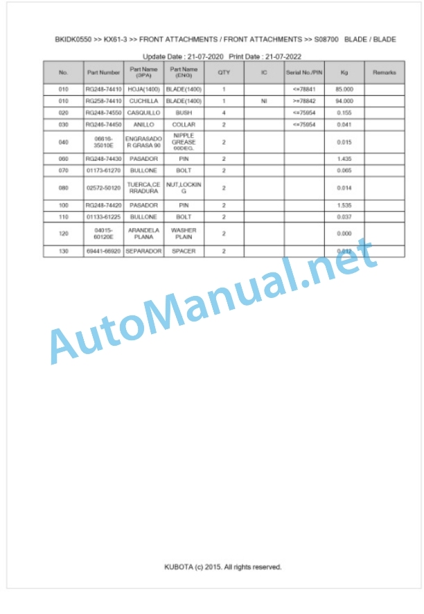 Kubota KX61-3 Parts Manual PDF BKIDK0550-4