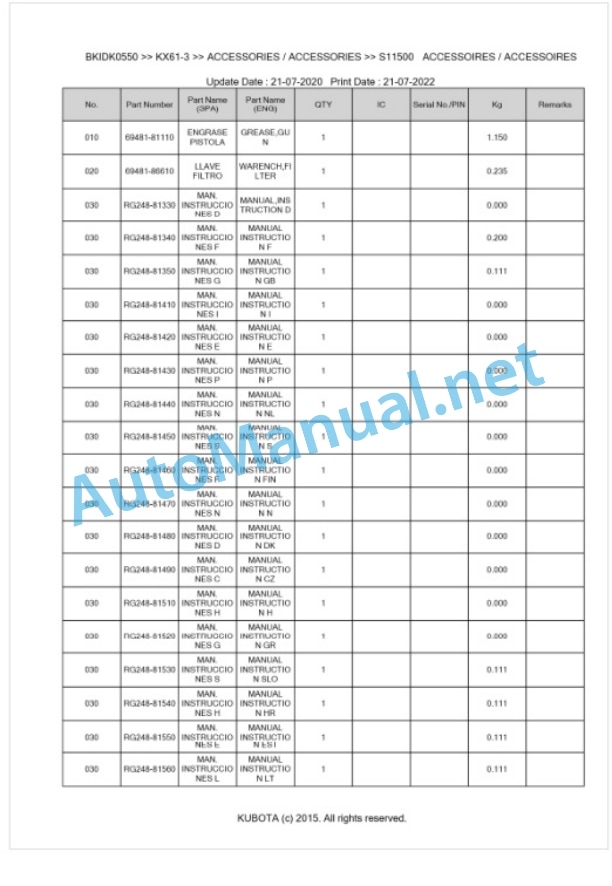 Kubota KX61-3 Parts Manual PDF BKIDK0550-5