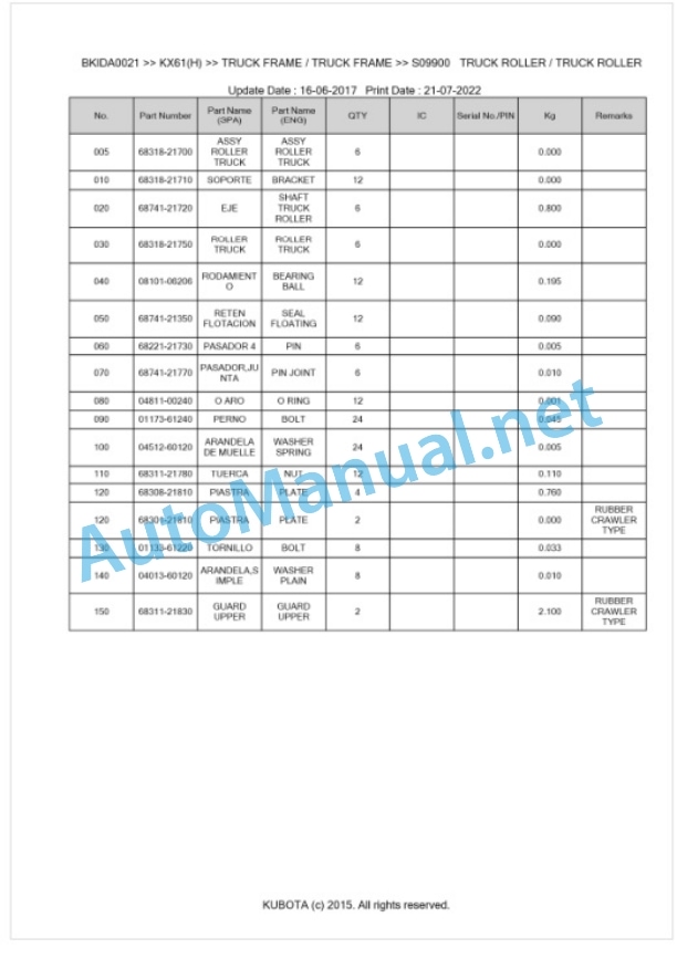 Kubota KX61(H) Parts Manual PDF BKIDA0021-5