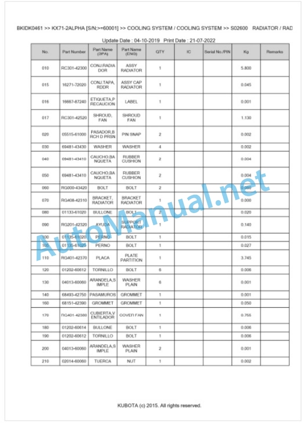 Kubota KX71-2ALPHA Parts Manual PDF BKIDK0461-2