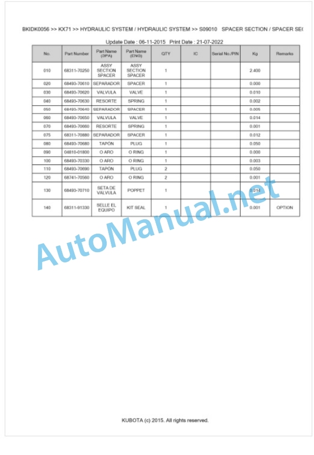 Kubota KX71 Parts Manual PDF BKIDK0056-3