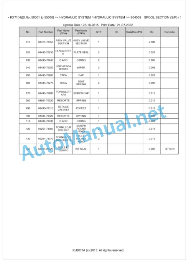 Kubota KX71(H) Parts Manual PDF BKIDA0163-3