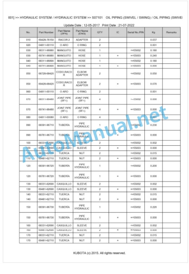 Kubota KX71(H) Parts Manual PDF BKIDA0164-4