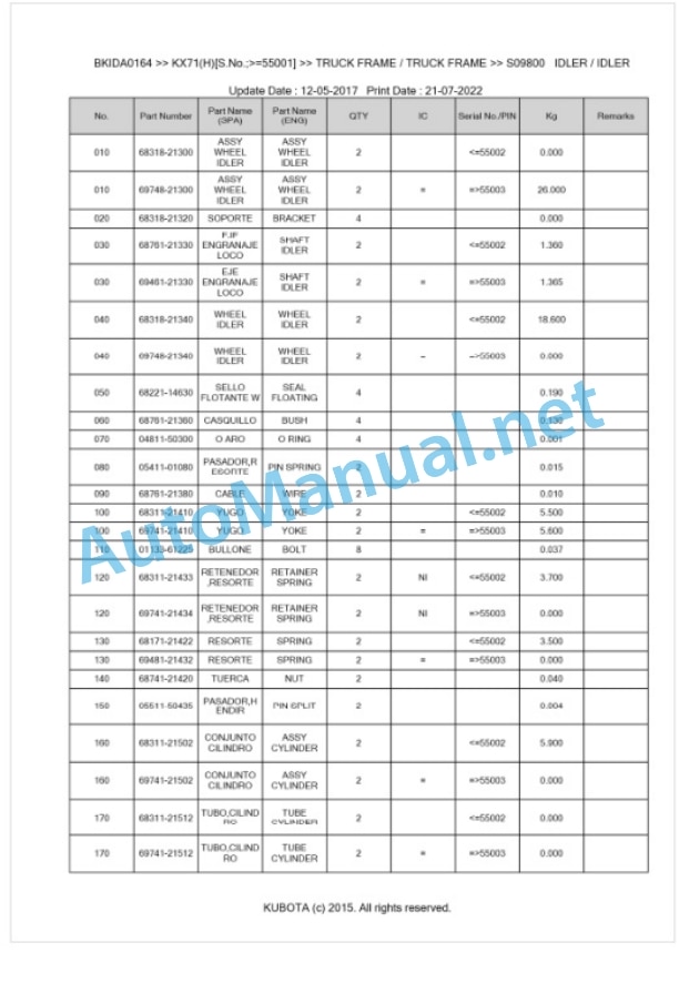 Kubota KX71(H) Parts Manual PDF BKIDA0164-5