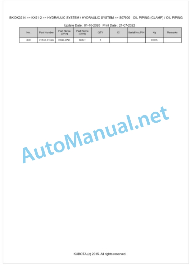 Kubota KX91-2 Parts Manual PDF BKIDK0214-4