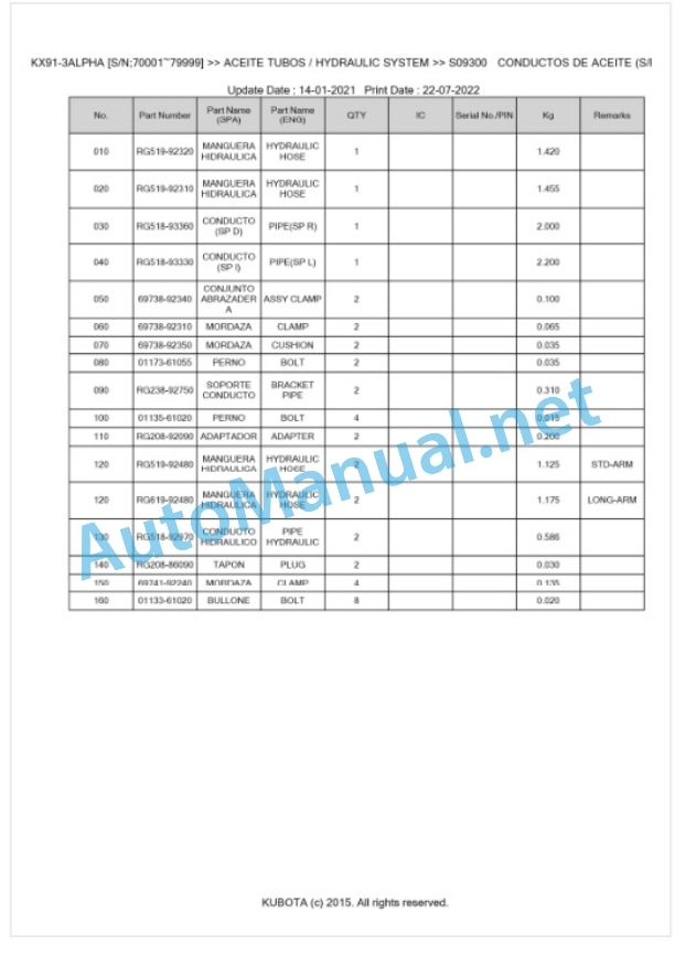 Kubota KX91-3ALPHA Parts Manual PDF BKIDA0302-4