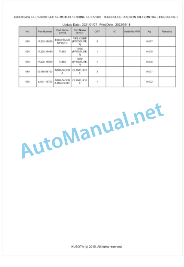 Kubota L1-382DT-EC Parts Manual PDF BKIDK5459-2