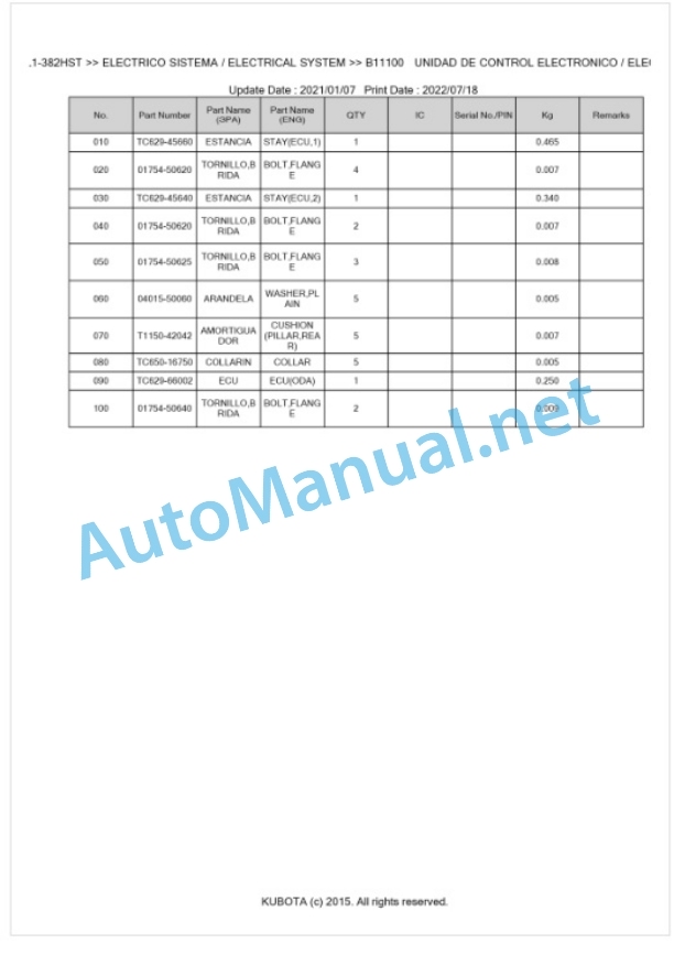 Kubota L1-382HST Parts Manual PDF BKIDK5460-3