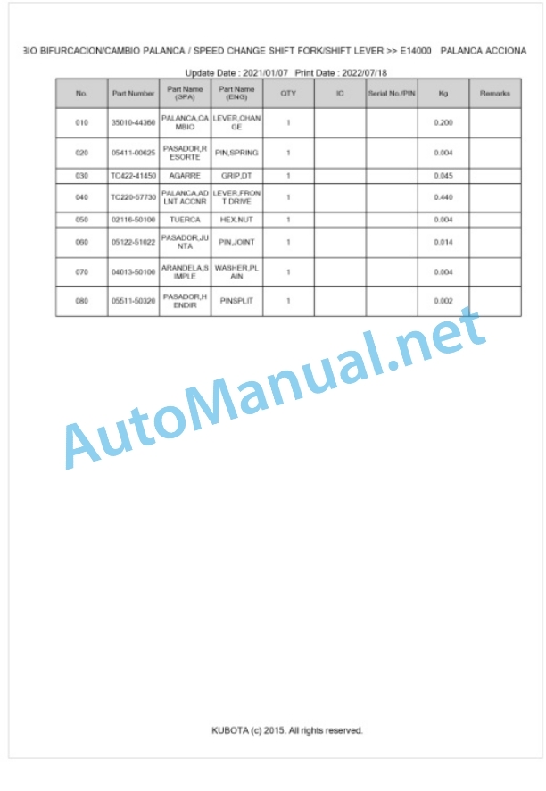 Kubota L1-382HST Parts Manual PDF BKIDK5460-4