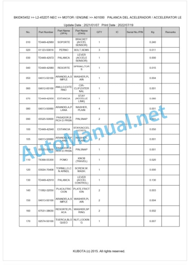 Kubota L1-452DT, L2-452DT Parts Manual PDF BKIDK5452 NEC-2