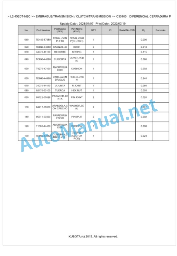 Kubota L1-452DT, L2-452DT Parts Manual PDF BKIDK5452 NEC-3