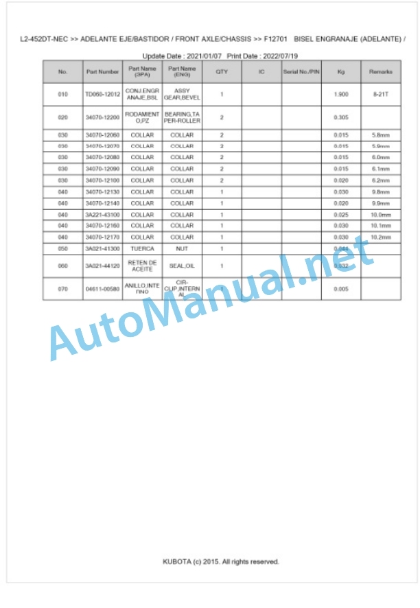 Kubota L1-452DT, L2-452DT Parts Manual PDF BKIDK5452 NEC-4