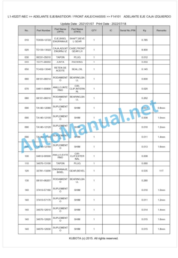 Kubota L1-452DT-NEC, L2-452DT-NEC Parts Manual PDF BKIDK5443-4