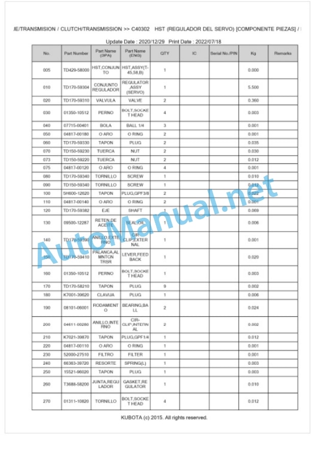 Kubota L1-452HST Parts Manual PDF BKIDK5446-3