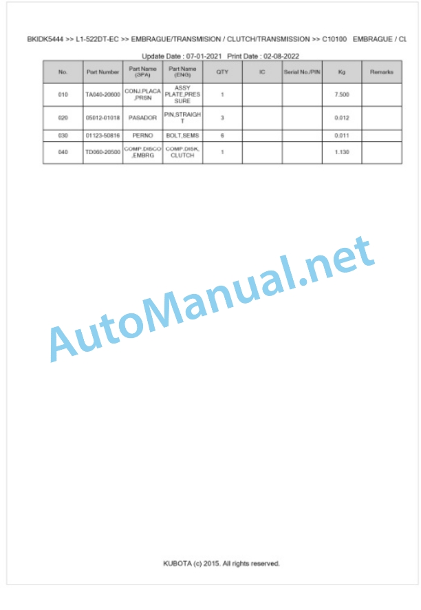 Kubota L1-522DT, L2-522DT Parts Manual PDF BKIDK5444 EC-3