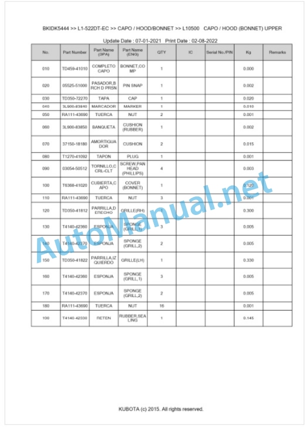 Kubota L1-522DT, L2-522DT Parts Manual PDF BKIDK5444 EC-5