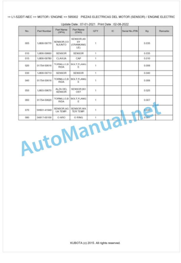 Kubota L1-522DT, L2-522DT Parts Manual PDF BKIDK5445 NEC-2