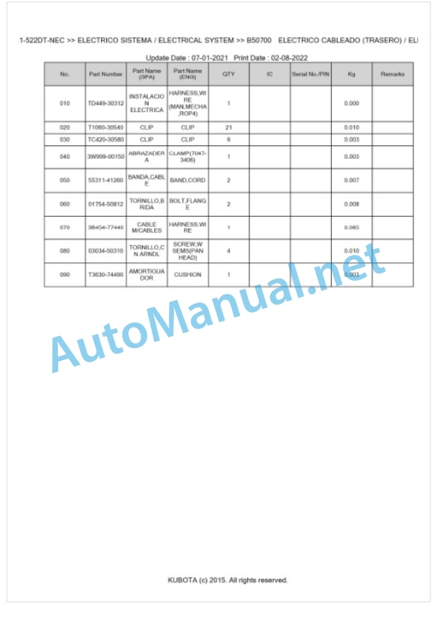 Kubota L1-522DT, L2-522DT Parts Manual PDF BKIDK5445 NEC-3