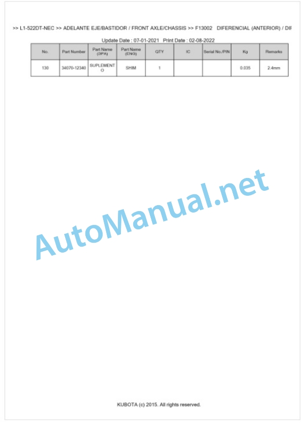 Kubota L1-522DT, L2-522DT Parts Manual PDF BKIDK5445 NEC-4