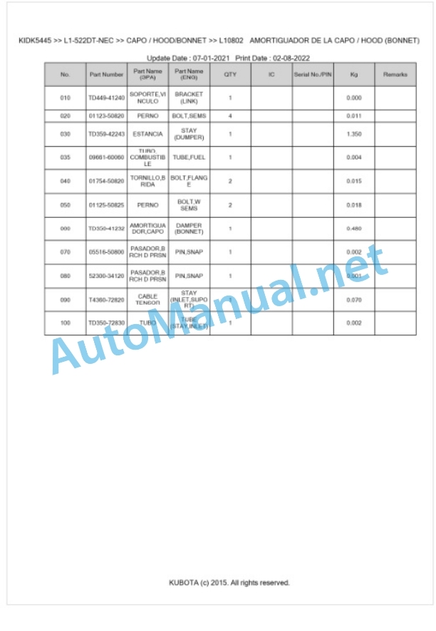 Kubota L1-522DT, L2-522DT Parts Manual PDF BKIDK5445 NEC-5