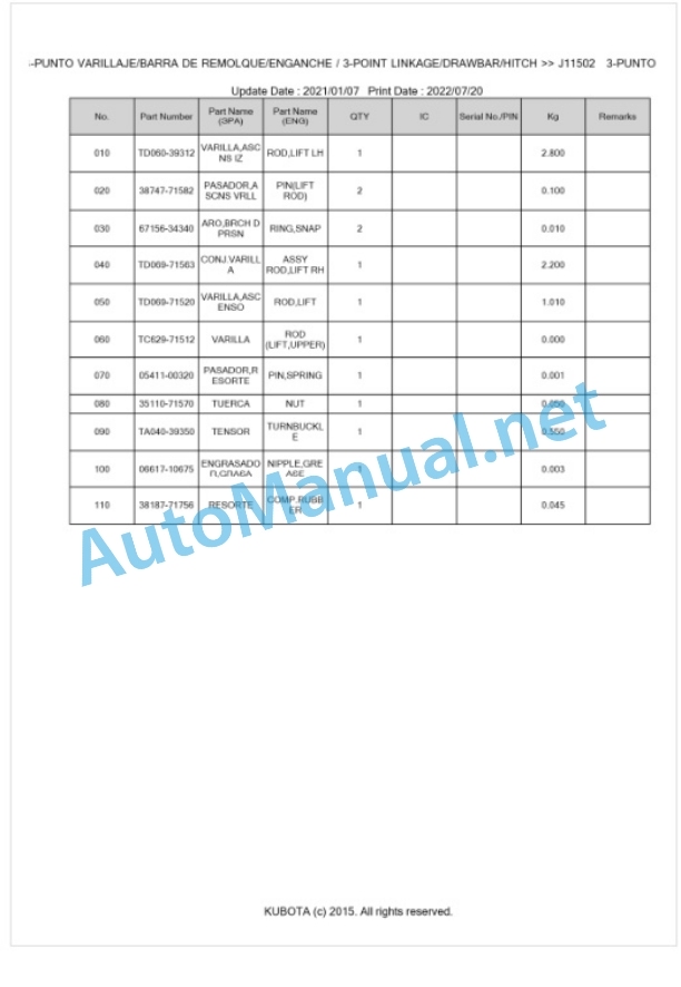 Kubota L1-522DT, L2-522DT Parts Manual PDF BKIDK5454 NEC-5