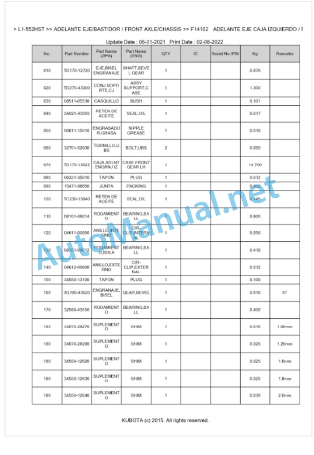 Kubota L1-552HST Parts Manual PDF BKIDK5447-4