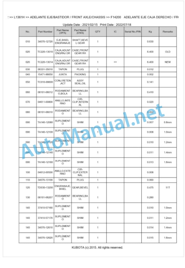 Kubota L1361H Parts Manual PDF BKIDK5172-4