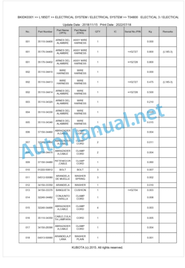 Kubota L185DT Parts Manual PDF BKIDK0301-3