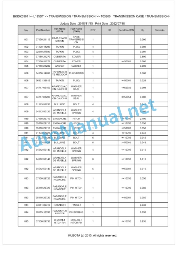 Kubota L185DT Parts Manual PDF BKIDK0301-4